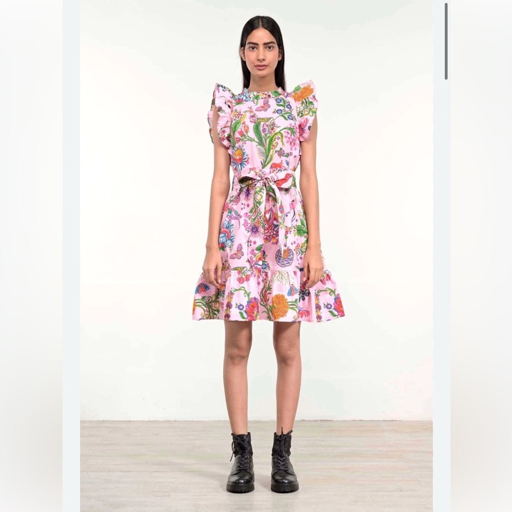 BANJANAN Bulbul Pink Tropical Floral Ruffle Above Knee Dress Size M